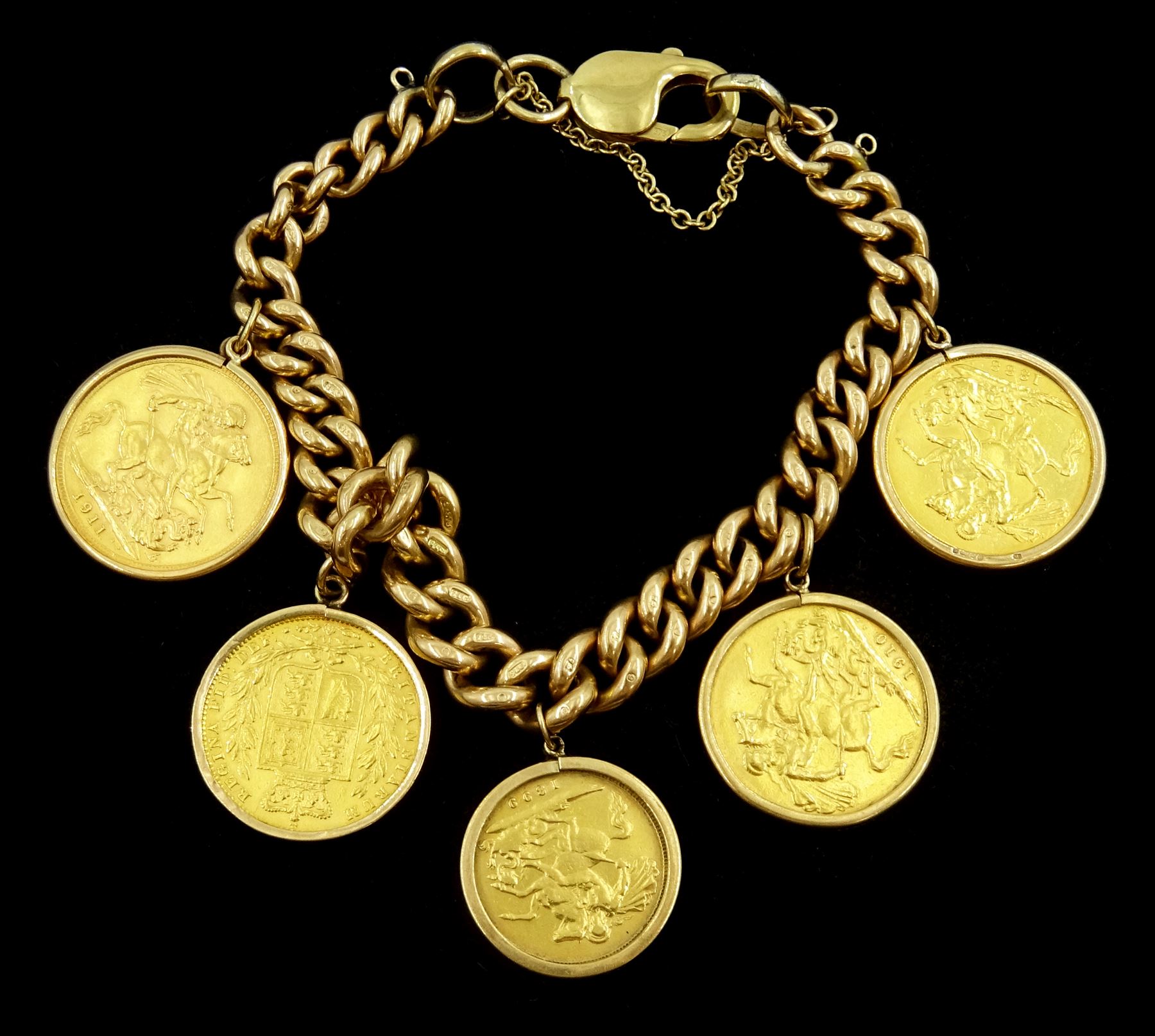 9ct gold curb link chain bracelet, with four gold full sovereign coins dated 1869 (shield back), 1888, 1910 and 1911 and one queen Victoria 1899 half sovereign gold coin, all loose mounted in 9ct gold pendants