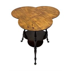 Late 19th to early 20th century stained beech 'Gypsy' table, trefoil or clover shaped top on turned supports united by undertier, on cast metal and glass ball feet 