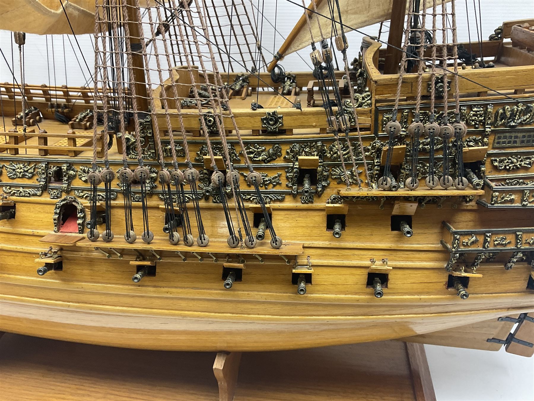 Large kit built scale model of 17th century Royal Navy warship 'HMS Sovereign of the Seas', upon wooden stand with engraved name plaque, H91cm, W111cm