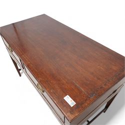 19th century converted square piano side table, rectangular moulded top over two drawers, on square tapering supports united by plain H-stretchers 