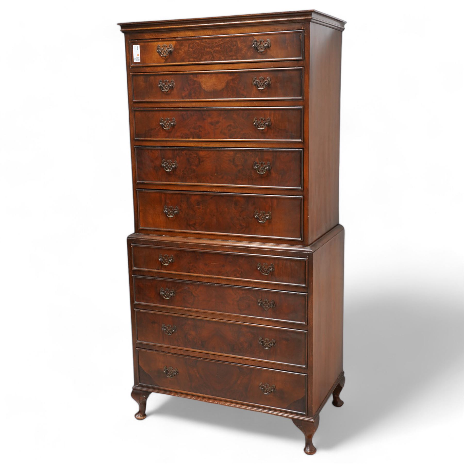 Georgian design figured walnut chest-on-chest, projecting cornice over nine graduating cock-beaded drawers, on cabriole feet 