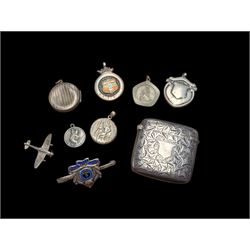 Silver vesta case, silver fobs and St Christopher pendants etc