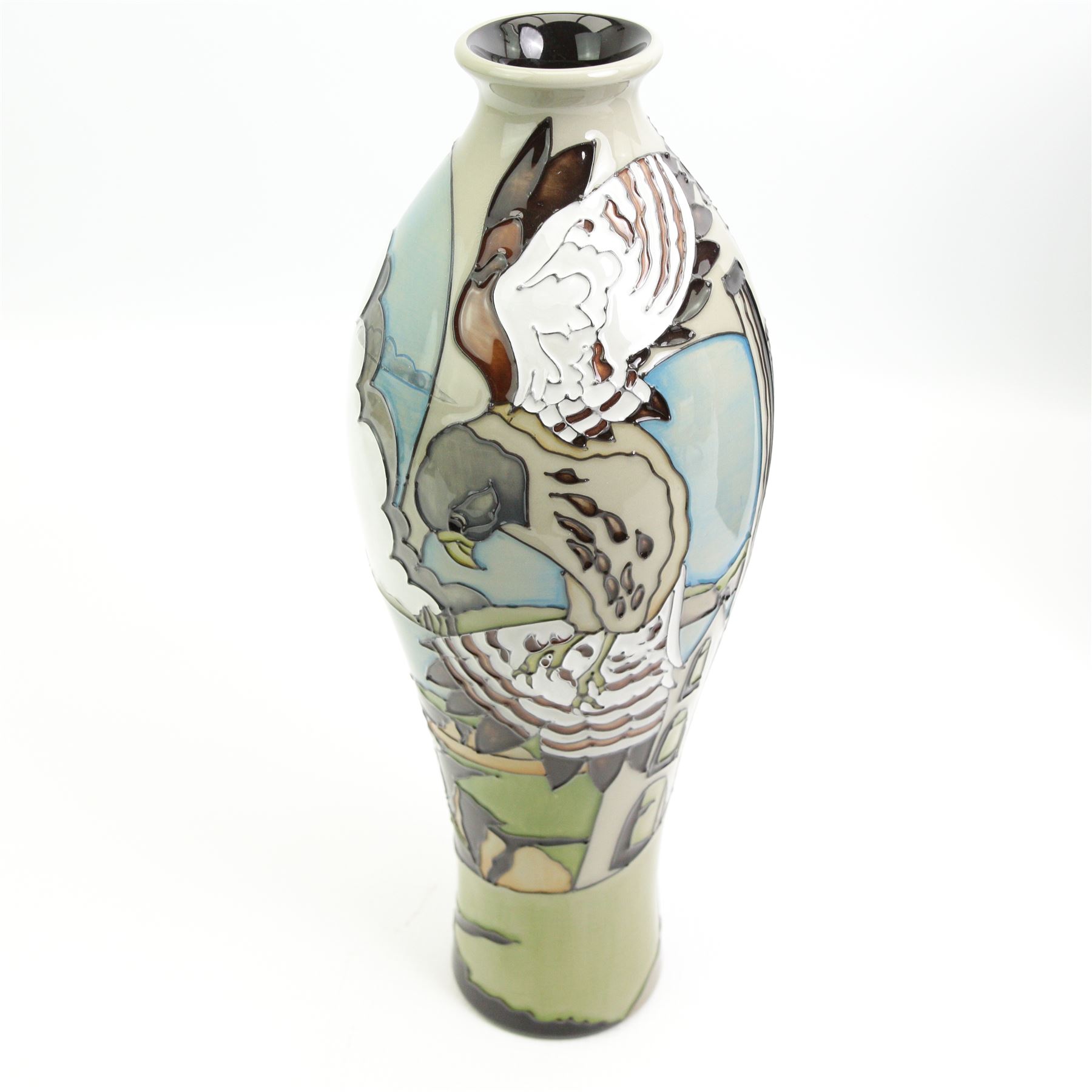 Moorcroft limited edition vase, of slender baluster form decorated in the Stone Kestrel pattern by Vicky Lovatt, no. 29/50, dated 2017, H30.5cm, boxed