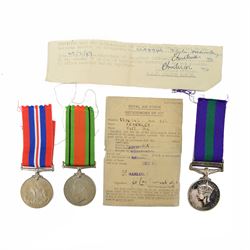 WWII Defence and War medal, together with General Service Palestine medal with Palestine 1...