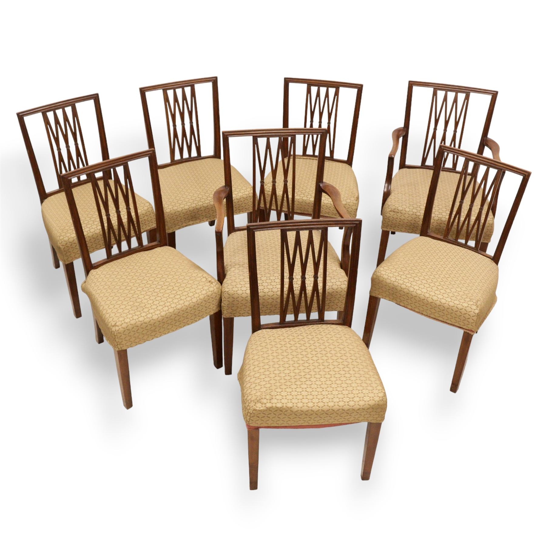 Edwardian set of eight (6+2) mahogany dining chairs, rectangular moulded frame back with pierced X-slatted splat carved with flower heads, upholstered seats with loose covers, on square tapering supports 