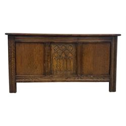 17th century design oak blanket chest, panelled hinged lid over panelled front, moulded frame, on stile supports