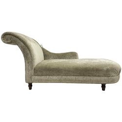 Contemporary chaise longue with scrolled back, upholstered in champagne crushed velvet, on turned feet