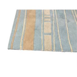 Contemporary pale indigo and beige ground rug, decorated with alternating stripes and geometric shapes