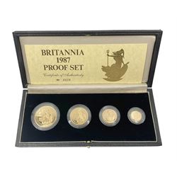 The Royal Mint United Kingdom 1987 Britannia gold proof coin set, comprising one ounce, ha...