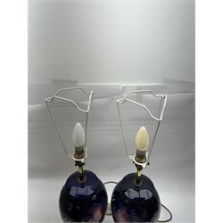 Pair of Moorcroft table lamps, in Anemone patter, upon a blue ground, with cream lampshades, H68