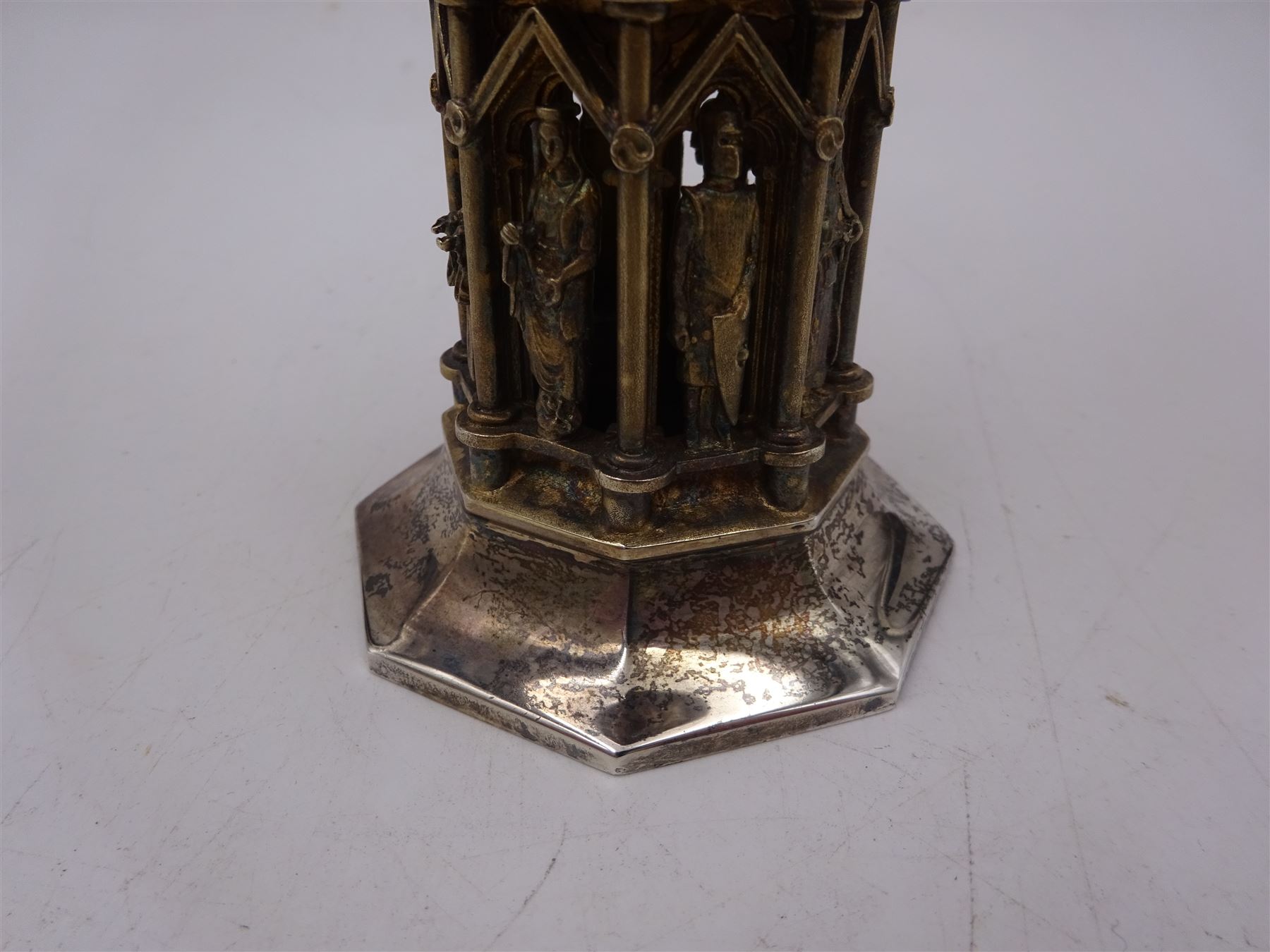 Modern limited edition silver goblet, 'made by order of The Dean and Chapter for the celebration of the eighth centenary of Wells Cathedral in 1982', designed by Hector Miller for Aurum, the plain circular bowl with parcel gilt interior, upon an ornate figural parcel gilt stem and an octagonal foot, no. 80/800, hallmarked Hector Miller, London 1982, H17cm