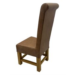 Set of six contemporary light oak dining chairs, each with high back and seat upholstered in pale tan leather, on square supports connected by H-stretcher