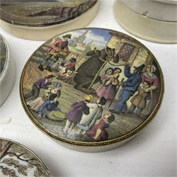 Six 19th century Prattware pot lids comprising 'The Village Wakes', three 'Bear on Rock', 'Shooting Bears' and 'Bear, Lion and Cock', two with associated bases, largest D9cm (6)