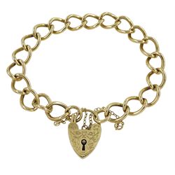 9ct gold curb link bracelet, with heart locket clasp, hallmarked, approx 18.55gm