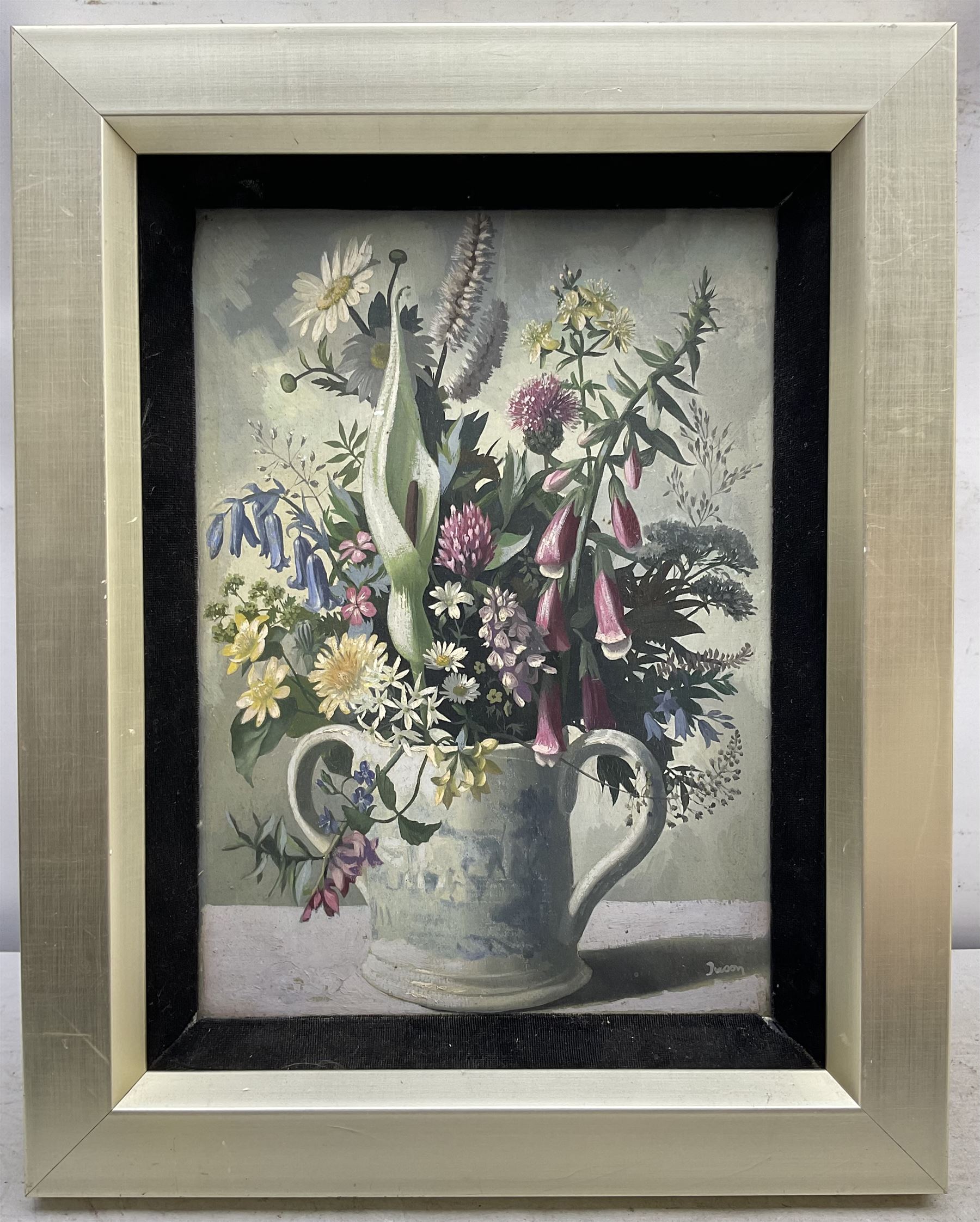 English School (Mid 20th century): Flowers in a Loving Cup, oil on canvas laid on to board indistinctly signed 33cm x 24cm, together with another still life oil on canvas laid on to board by a different hand unsigned 30cm x 40cm (2)