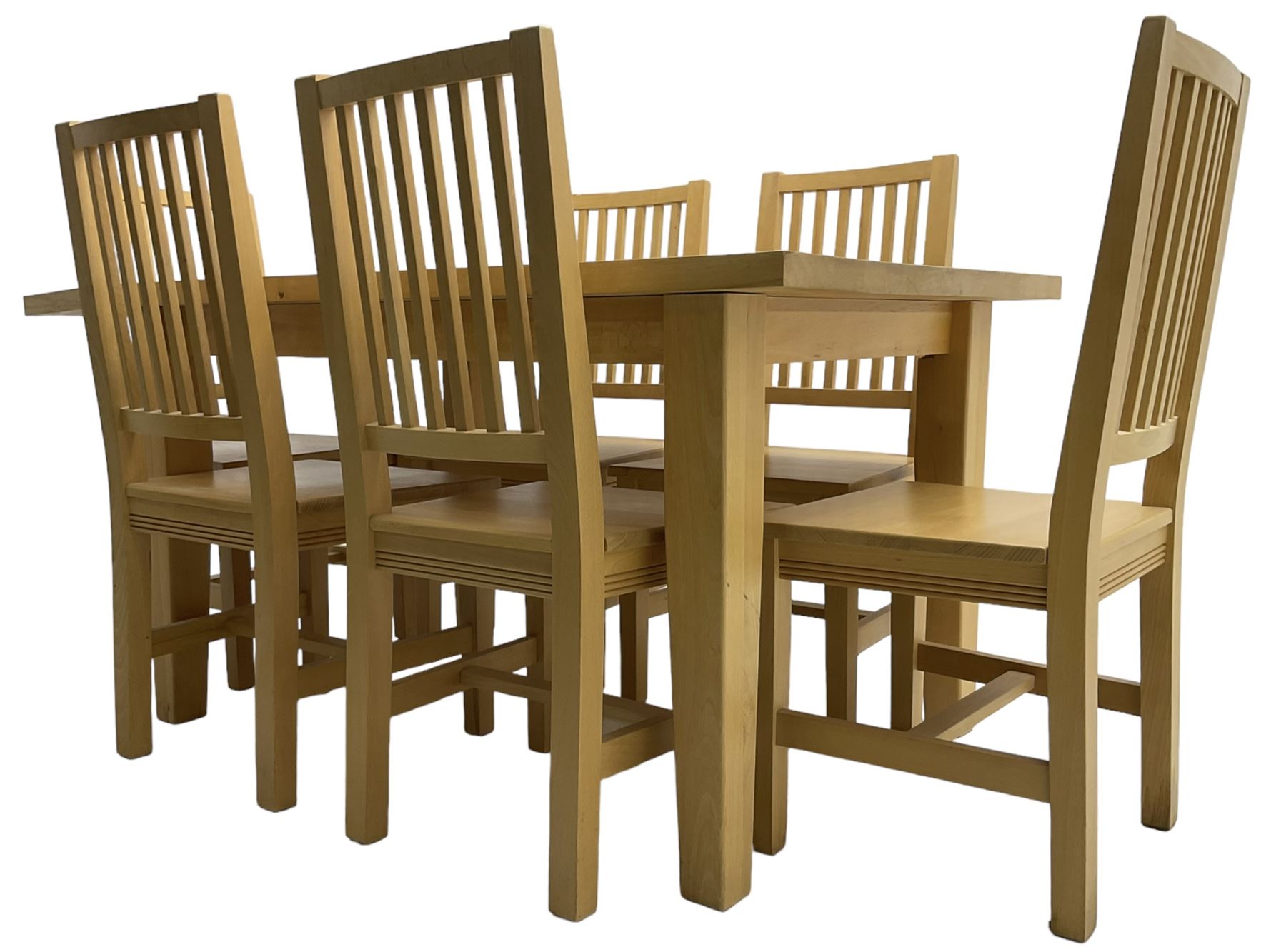 Solid beech rectangular dining table (89cm x 135cm - 160cm, H77cm), and a set of five beech dining chairs