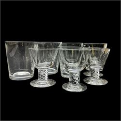 Steuben glassware, comprising set of four air twist cocktail glasses, together with four tumbles and one whisky glass, all engraved SSJ