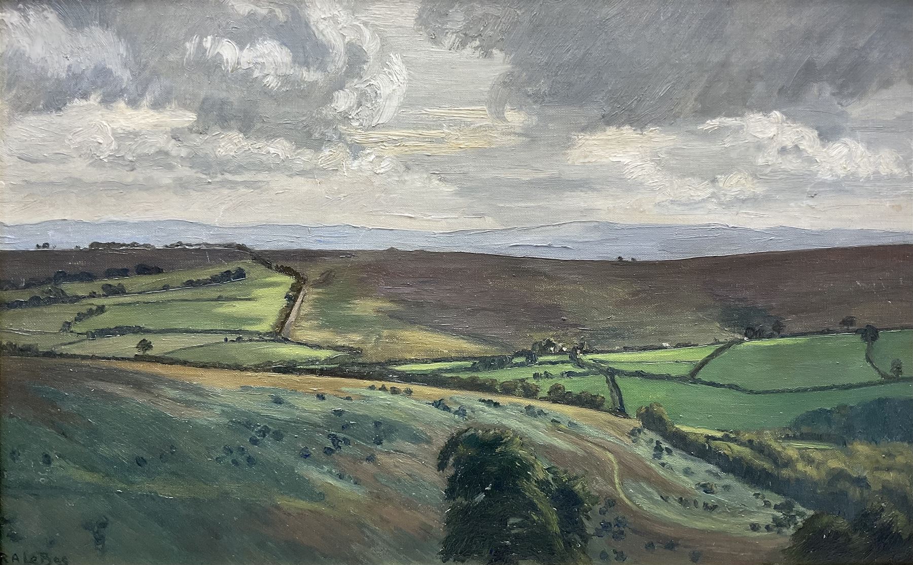 Rachel Ann Le Bas NEAC RE (British 1923-2020): Rolling Hills, oil on canvas signed 30cm x 48cm