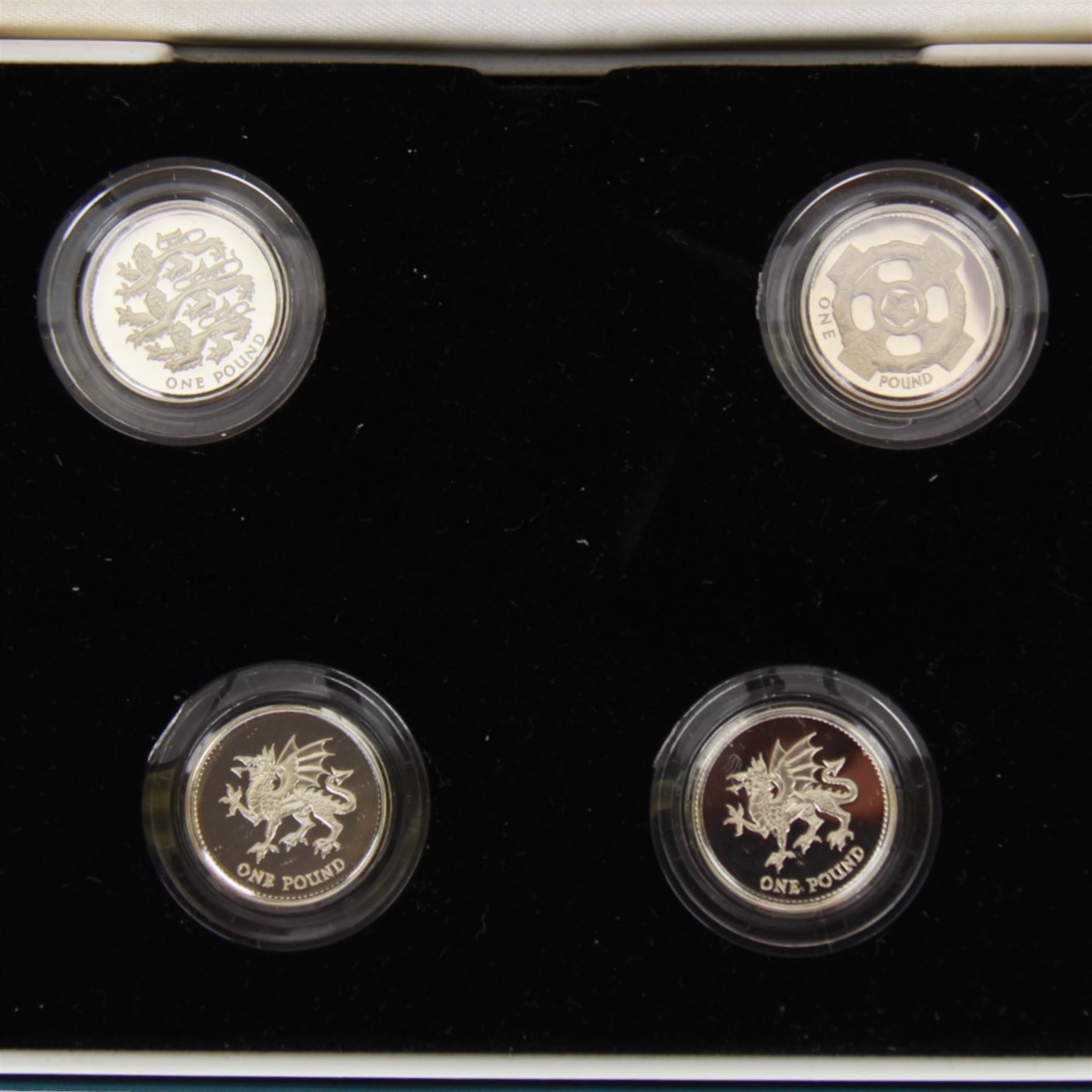 Fourteen The Royal Mint United Kingdom silver proof one pound coins, dated 1994, 1995, 1996, 1997, 1999, 1999 piedfort, 2000, 2000 piedfort, 2001, 2002, 2003, 2004, 2004 piedfort and 2005 piedfort, all with certificates, housed as sets or part sets in various cases