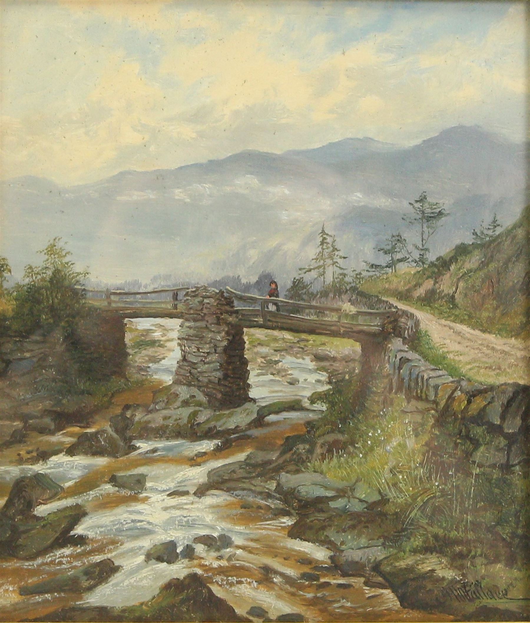 Harry Wallace (British 19th Century): Bridge Across a Stream, oil on panel signed 23cm x 19cm 