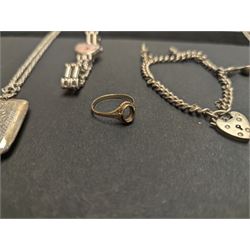 9ct gold ring shank and silver jewellery, including charm bracelet, locket necklace and a vesta case on chain, together with a rotary wristwatch