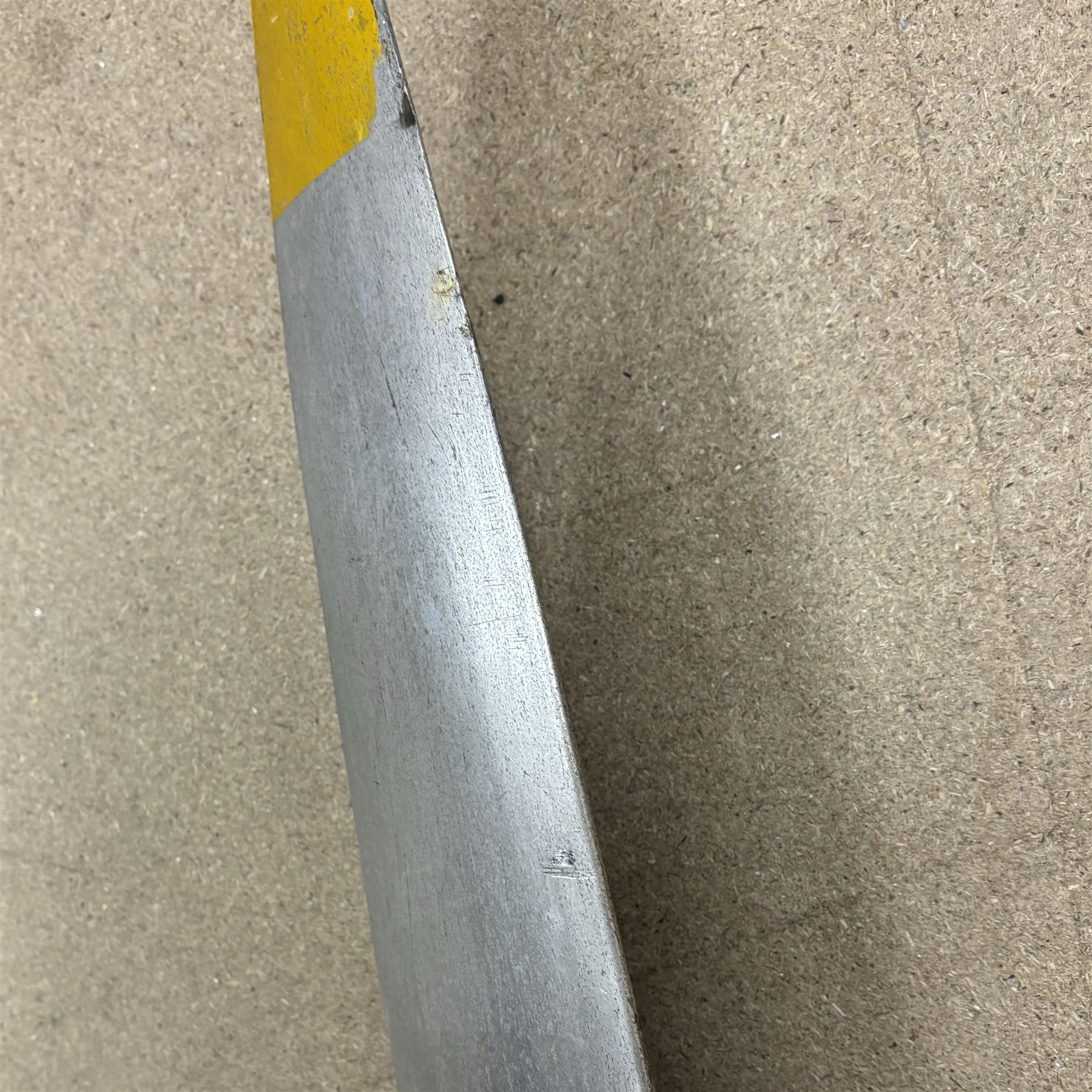 20th century aluminium twin blade aircraft propeller, polished finish with yellow painted tips, central hub with mounting holes, marked FR4322, L200cm