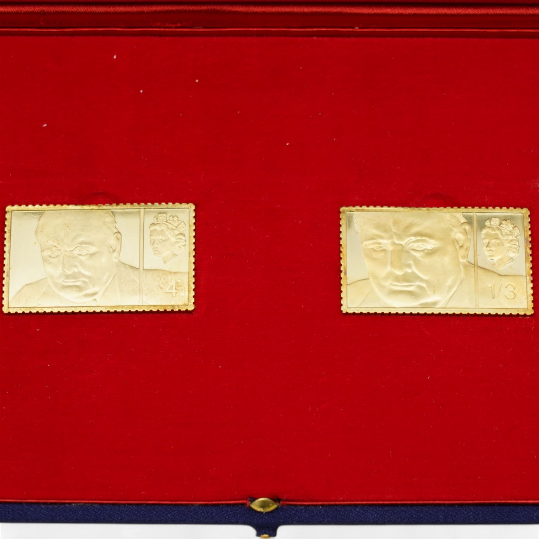 'Sir Winston Churchill Stamp Replicas' set of two hallmarked eighteen carat gold stamp replica ingots, total weight approximately 40.3 grams, cased with certificate and commemorative stamp cover