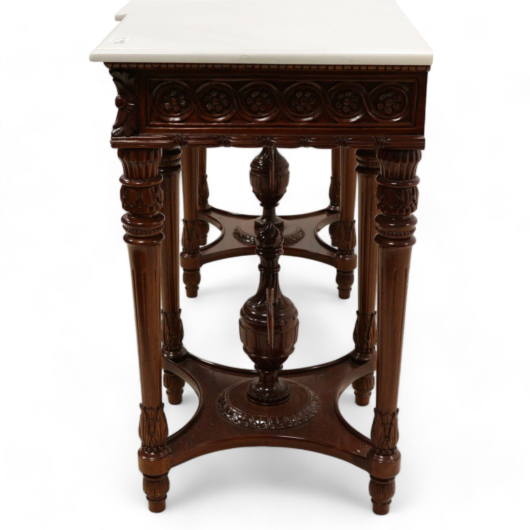 Regency design carved mahogany breakfront console table, white veined marble top