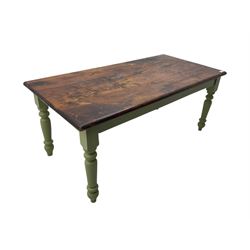 Hardwood dining table, rectangular top on laurel green painted base, fitted with turned supports 