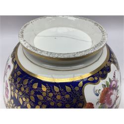 19th century continental bowl, decorated with hand painted floral sprays amongst gilt foliate decoration on a cobalt blue ground, D27.5cm