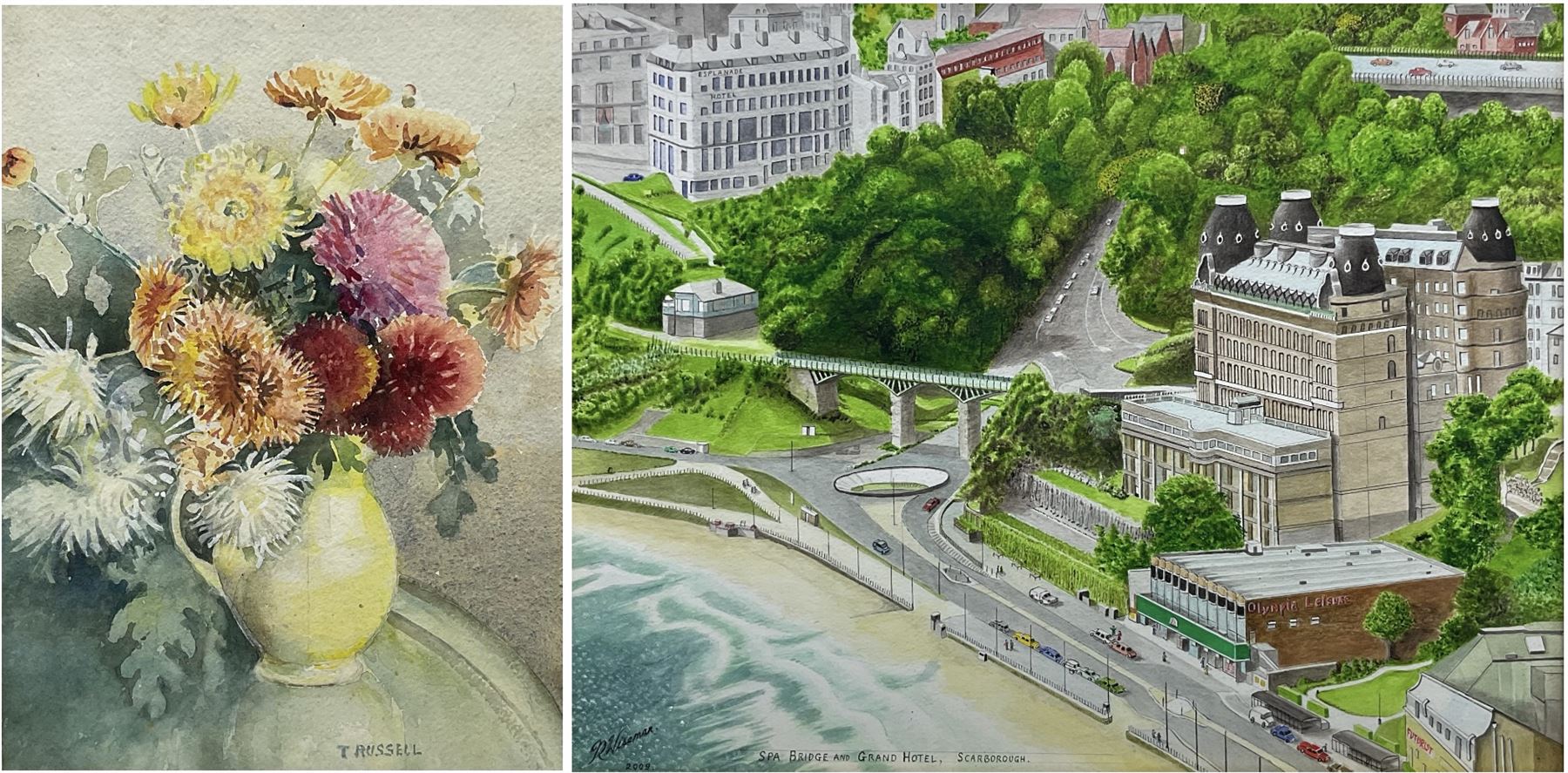 R Wiseman (British Contemporary): 'Spa Bridge and Grand Hotel Scarborough', watercolour and ink signed titled and dated 2009, 40cm x 50cm; T Russell (British 20th century): Still Life with Chrysanthemums, watercolour signed 27cm x 38cm (2)