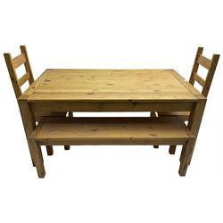 Rectangular pine dining table (W160cm, D90cm, H76cm) two chairs and two benches 