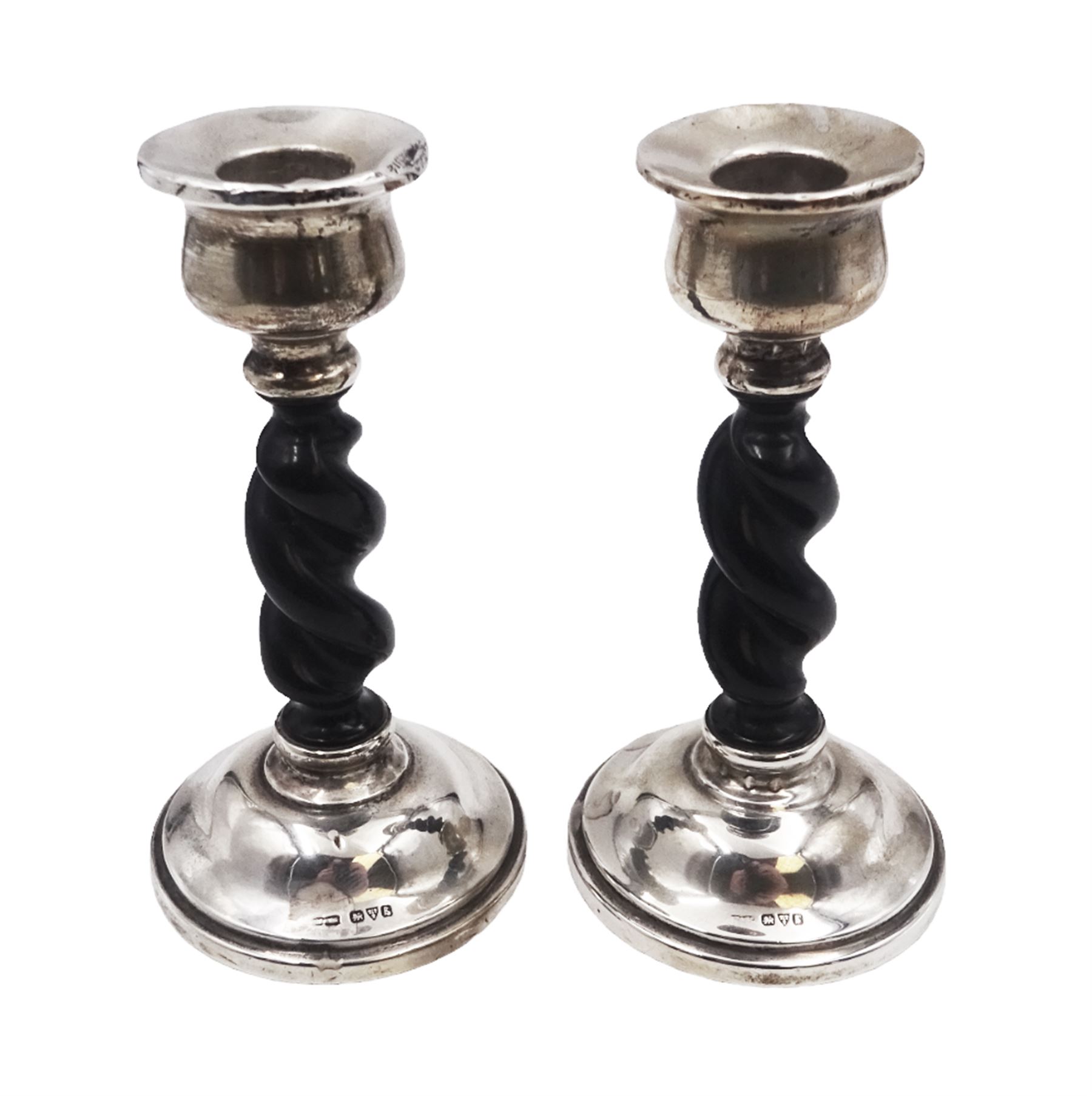 Pair of 1920s silver mounted ebonised barley twist candlesticks, hallmarked Payton, Pepper & Co, Chester 1927, H15cm