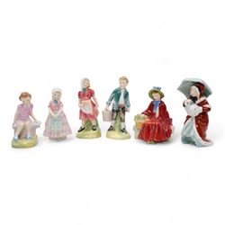 Six Royal Doulton figures comprising 'Jack' and 'Jill' HN2060 & HN2061, 'Once Upon a Time'...