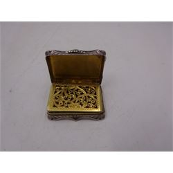 Victorian silver vinaigrette, with engraved name and scrolling decoration to hinged cover, the gilt interior with typical pierced cover, hallmarked Nathaniel Mills, Birmingham 1841, W3.7cm