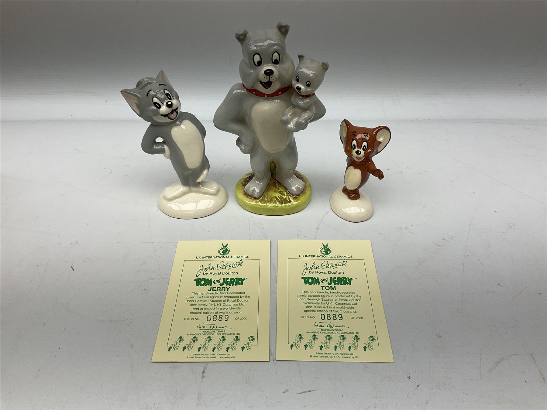 Collection of Beswick figures to include Beatrix Potter Squirrel Nutkin, Jemima Puddleduck, Spike and Tyke, Tom and Jerry, both boxed and with certificates, Chamois 1551 and Babycham 1615a (a/f) Beswick Ware Royal Douton Peter Rabbit and Benjamin Bunny, with certificate
(9)
