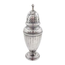 1920s silver sugar caster, of typical form with faceted body and pierced floral cover, upon stepped circular foot, hallmarked Adie Bros, Birmingham 1928, H20cm