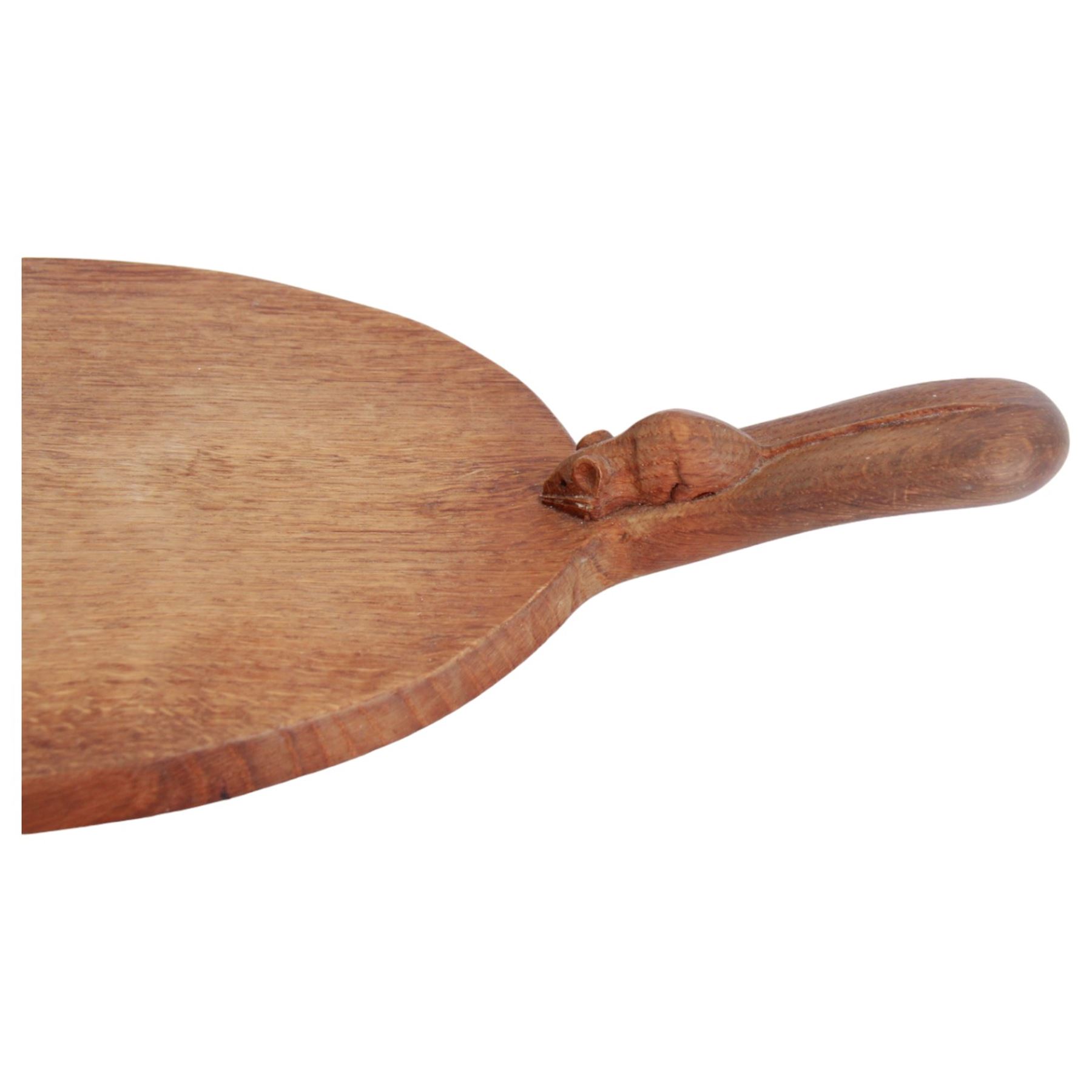 Mouseman - adzed oak cheeseboard, oval form with projecting handle carved with mouse signature, by the workshop of Robert Thompson