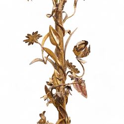 Late 20th century repousse gilt metal work chandelier, five projecting branches, decorated with trailing leafy branches and flower heads 