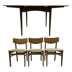 Mid-20th century teak dining table, draw-leaf action extending top, on square tapering supports (98cm - 148cm x 76cm, H75cm); and a set of three dining chairs 