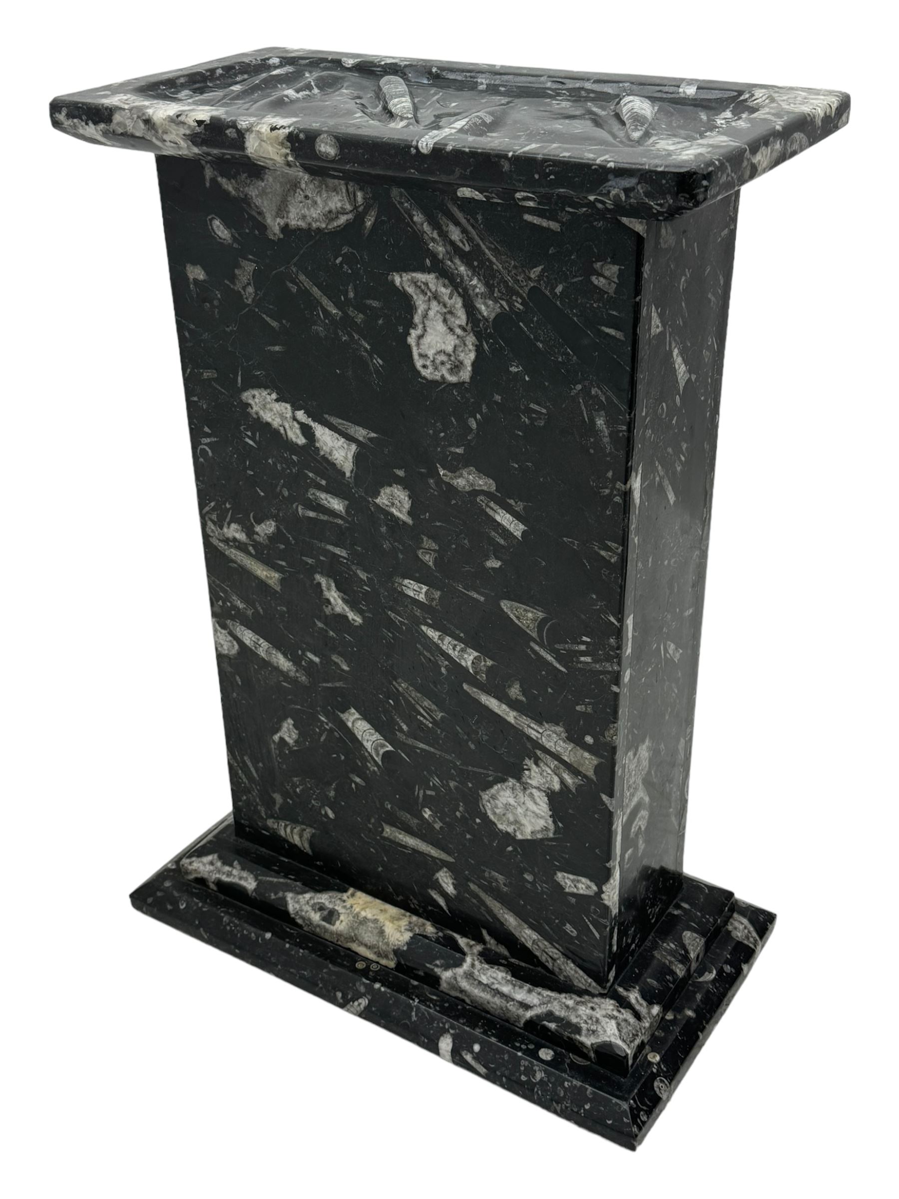 Marble hall table with orthoceras and goniatite inclusions, the rectangular top upon two rectangular stepped plinths, H78cm, L135cm, D77cm