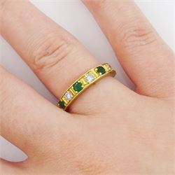 18ct gold round seven stone emerald and brilliant cut diamond half eternity ring, London 1977, total diamond weight approx 0.20 carat