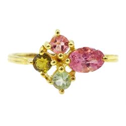 Silver-gilt pink and green tourmaline ring, stamped 925