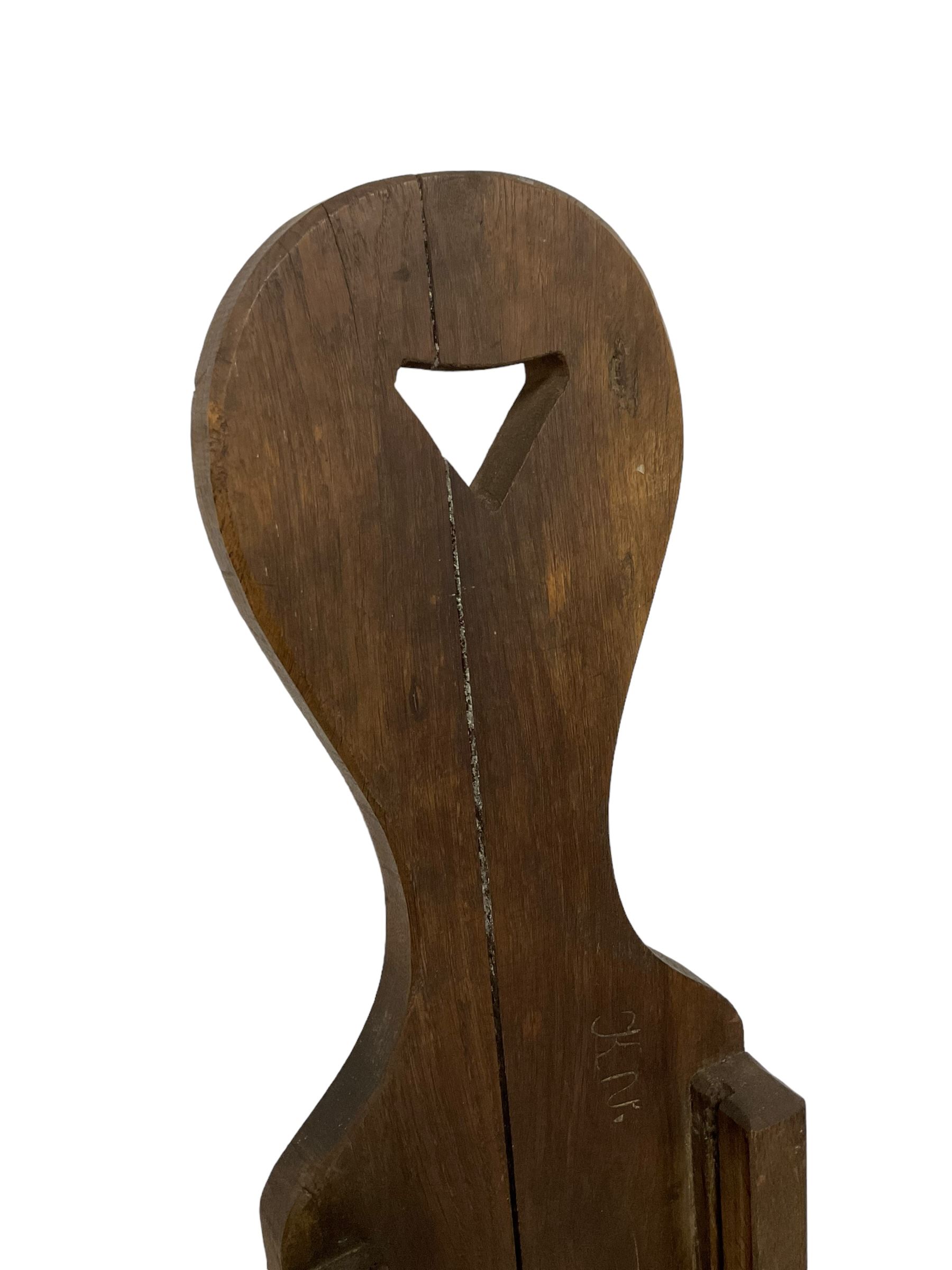 Large Victorian oak mandolin for large fruit or pineapples, triangular pierced handle, integrated pine fruit basket over four iron blades