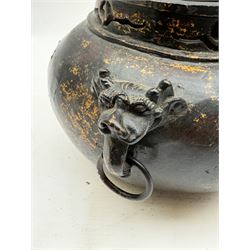 Chinese bronze incense burner, of squat form with mask and tongue handles, H15cm