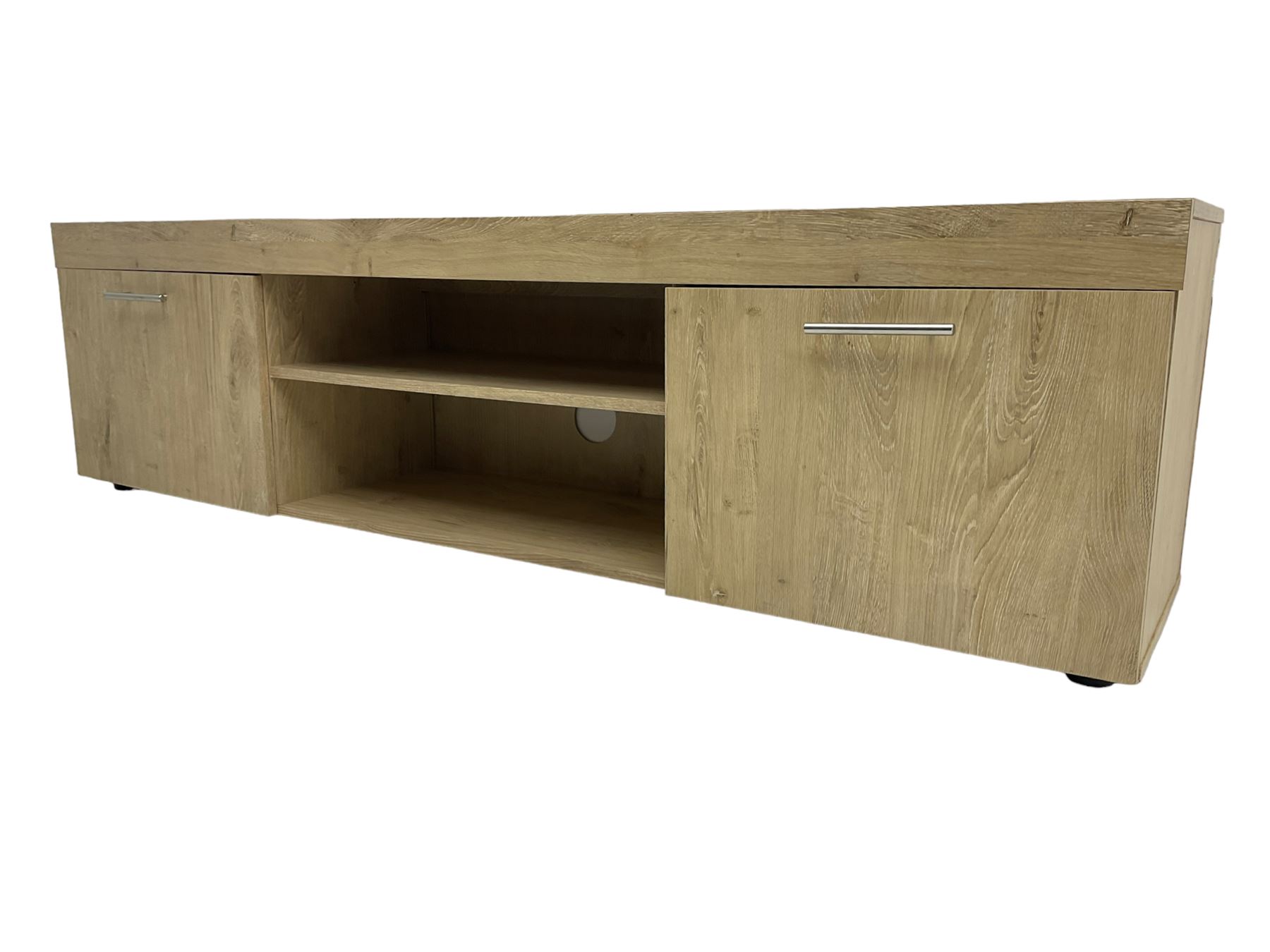 Light oak finish television stand, fitted with two cupboards and central shelf