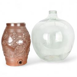 Salt glazed stoneware barrel together with a glass carboy, carboy H54cm  