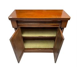 Victorian mahogany chiffonier, raised back with carved C-scroll foliage mounts and shelf, rectangular top with rounded corners over frieze drawer and double panelled cupboard, on skirted base