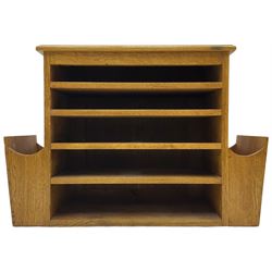 Craftsman made oak magazine table or HI-FI stand, moulded rectangular top over four shelves, flanked by two projecting holders