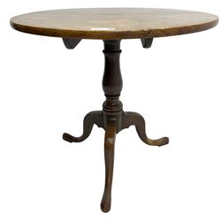 George III mahogany tripod table, circular tilt-top on turned vasiform pedestal, three out-splayed supports 